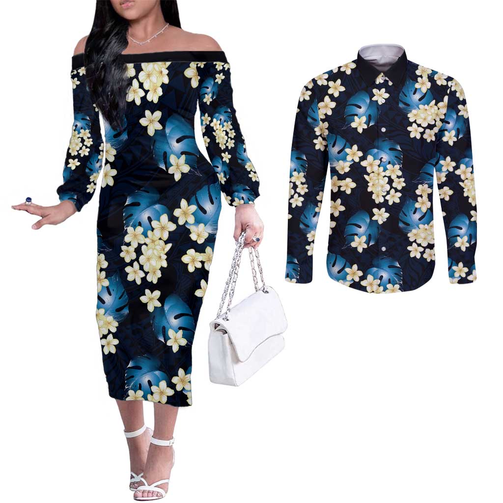 Blue Tropical Hawaii Couples Matching Off The Shoulder Long Sleeve Dress and Long Sleeve Button Shirt Seamless Monstera Plumeria Hawaiian Pattern LT14 Blue - Polynesian Pride