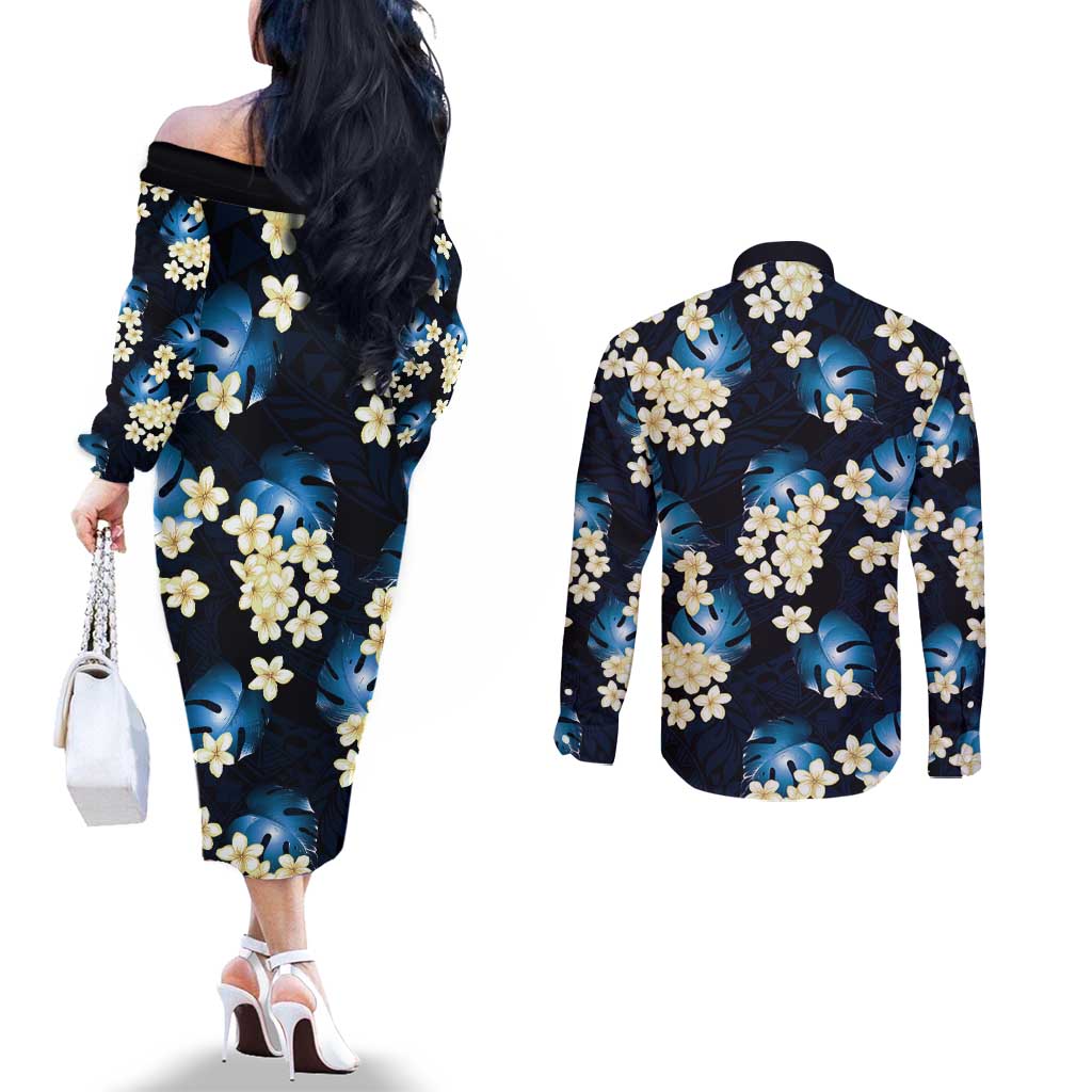 Blue Tropical Hawaii Couples Matching Off The Shoulder Long Sleeve Dress and Long Sleeve Button Shirt Seamless Monstera Plumeria Hawaiian Pattern LT14 - Polynesian Pride