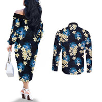 Blue Tropical Hawaii Couples Matching Off The Shoulder Long Sleeve Dress and Long Sleeve Button Shirt Seamless Monstera Plumeria Hawaiian Pattern LT14 - Polynesian Pride