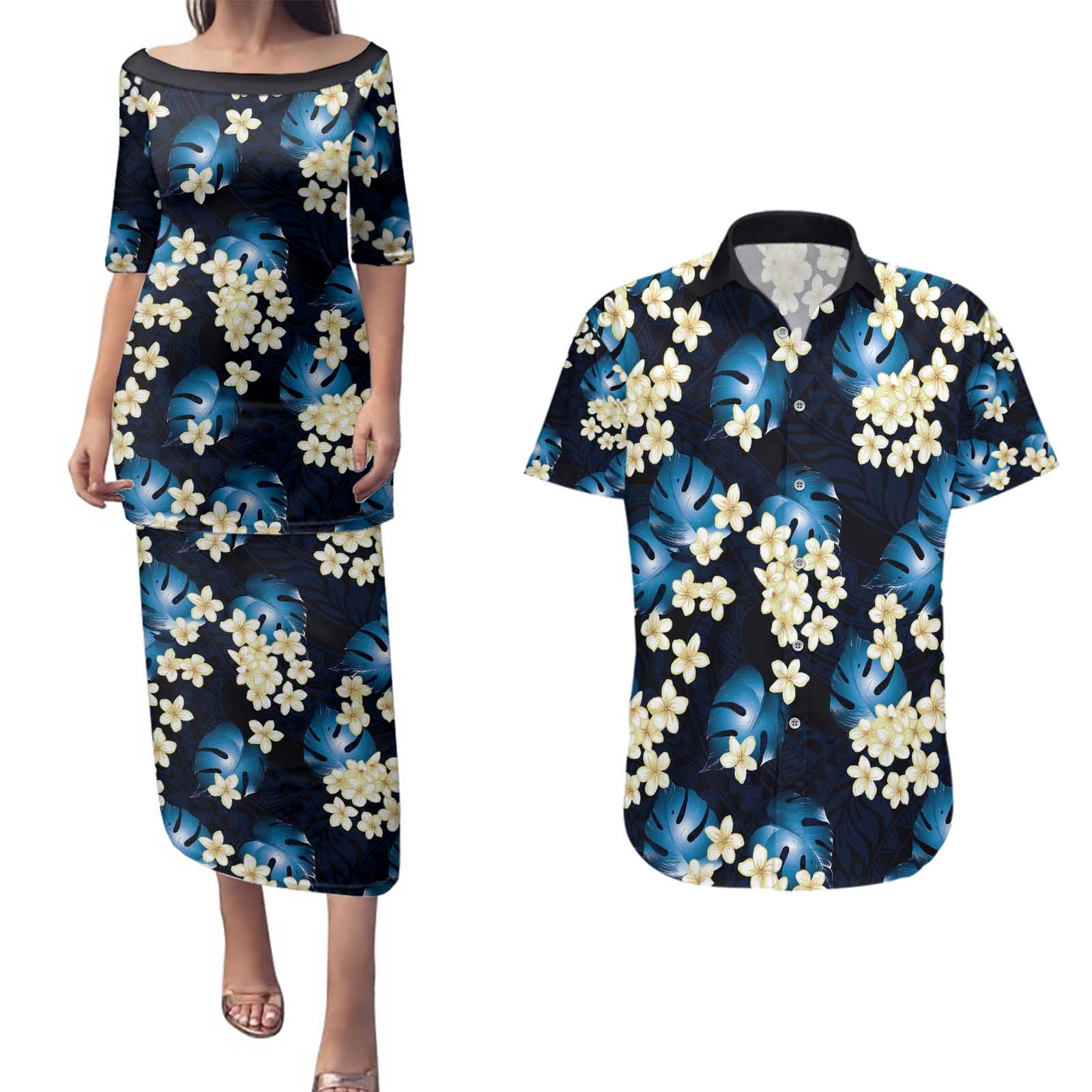 Blue Tropical Hawaii Couples Matching Puletasi and Hawaiian Shirt Seamless Monstera Plumeria Hawaiian Pattern LT14 Blue - Polynesian Pride