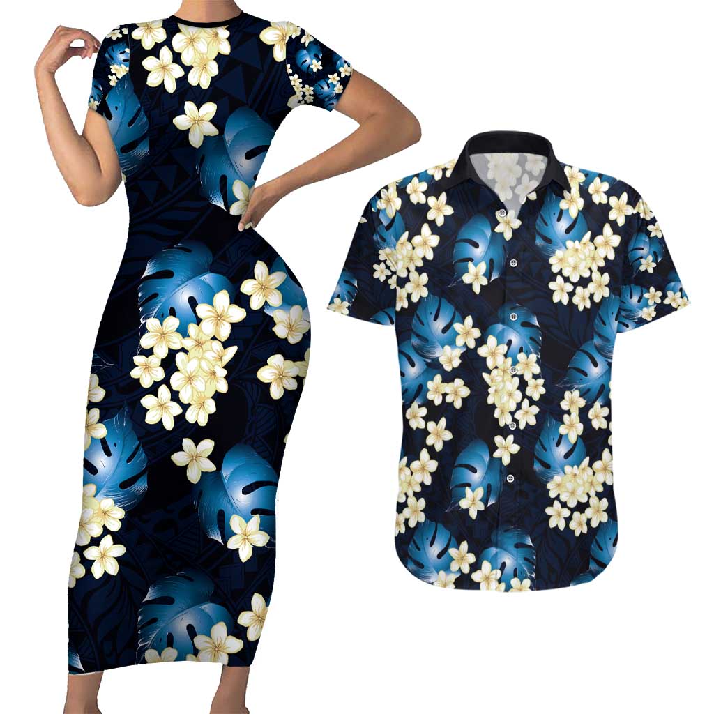 Blue Tropical Hawaii Couples Matching Short Sleeve Bodycon Dress and Hawaiian Shirt Seamless Monstera Plumeria Hawaiian Pattern LT14 Blue - Polynesian Pride