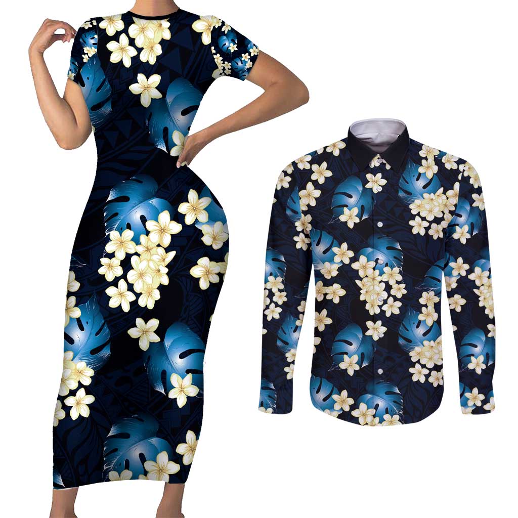 Blue Tropical Hawaii Couples Matching Short Sleeve Bodycon Dress and Long Sleeve Button Shirt Seamless Monstera Plumeria Hawaiian Pattern LT14 Blue - Polynesian Pride