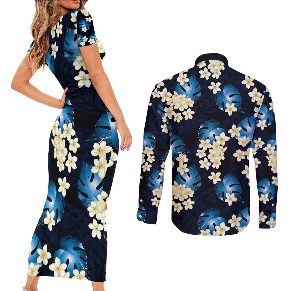 Blue Tropical Hawaii Couples Matching Short Sleeve Bodycon Dress and Long Sleeve Button Shirt Seamless Monstera Plumeria Hawaiian Pattern LT14 - Polynesian Pride