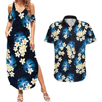 Blue Tropical Hawaii Couples Matching Summer Maxi Dress and Hawaiian Shirt Seamless Monstera Plumeria Hawaiian Pattern LT14 Blue - Polynesian Pride