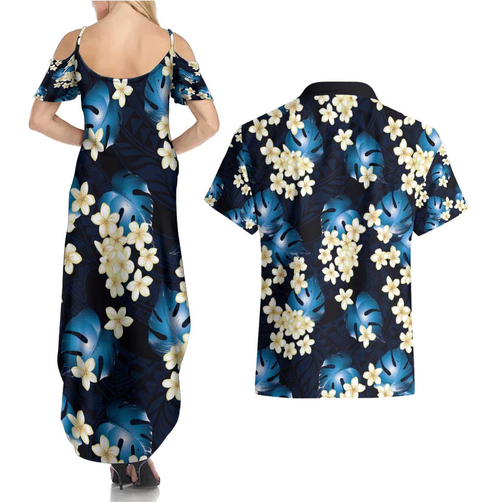 Blue Tropical Hawaii Couples Matching Summer Maxi Dress and Hawaiian Shirt Seamless Monstera Plumeria Hawaiian Pattern LT14 - Polynesian Pride
