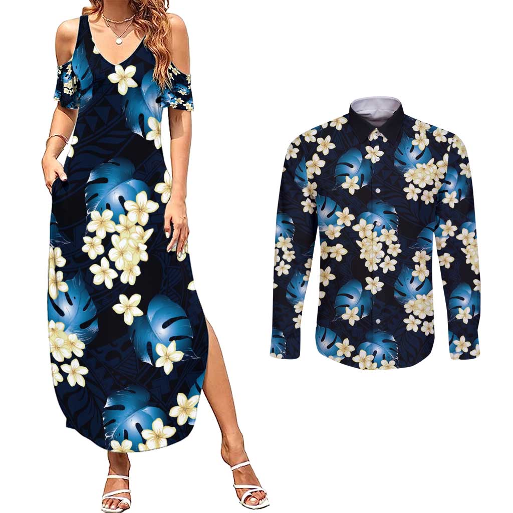 Blue Tropical Hawaii Couples Matching Summer Maxi Dress and Long Sleeve Button Shirt Seamless Monstera Plumeria Hawaiian Pattern LT14 Blue - Polynesian Pride