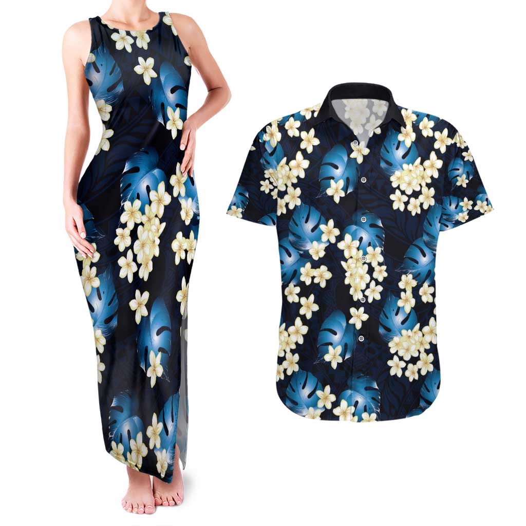 Blue Tropical Hawaii Couples Matching Tank Maxi Dress and Hawaiian Shirt Seamless Monstera Plumeria Hawaiian Pattern LT14 Blue - Polynesian Pride
