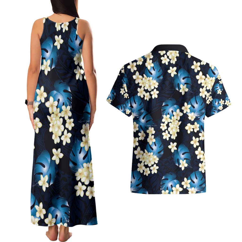 Blue Tropical Hawaii Couples Matching Tank Maxi Dress and Hawaiian Shirt Seamless Monstera Plumeria Hawaiian Pattern LT14 - Polynesian Pride