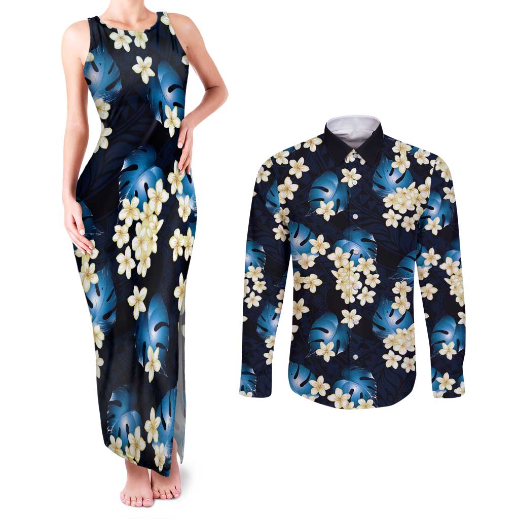 Blue Tropical Hawaii Couples Matching Tank Maxi Dress and Long Sleeve Button Shirt Seamless Monstera Plumeria Hawaiian Pattern LT14 Blue - Polynesian Pride