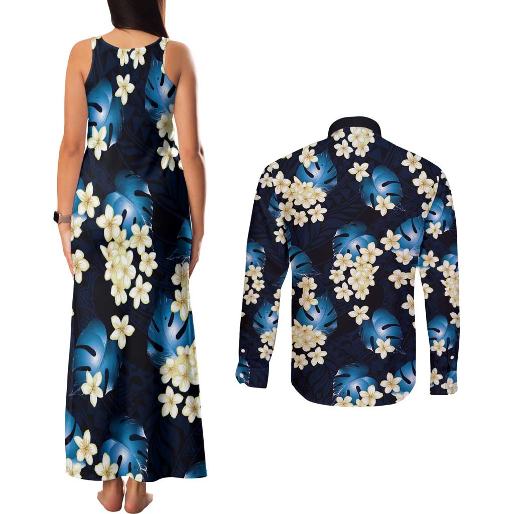Blue Tropical Hawaii Couples Matching Tank Maxi Dress and Long Sleeve Button Shirt Seamless Monstera Plumeria Hawaiian Pattern - Polynesian Pride