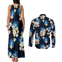 Blue Tropical Hawaii Couples Matching Tank Maxi Dress and Long Sleeve Button Shirt Seamless Monstera Plumeria Hawaiian Pattern - Polynesian Pride