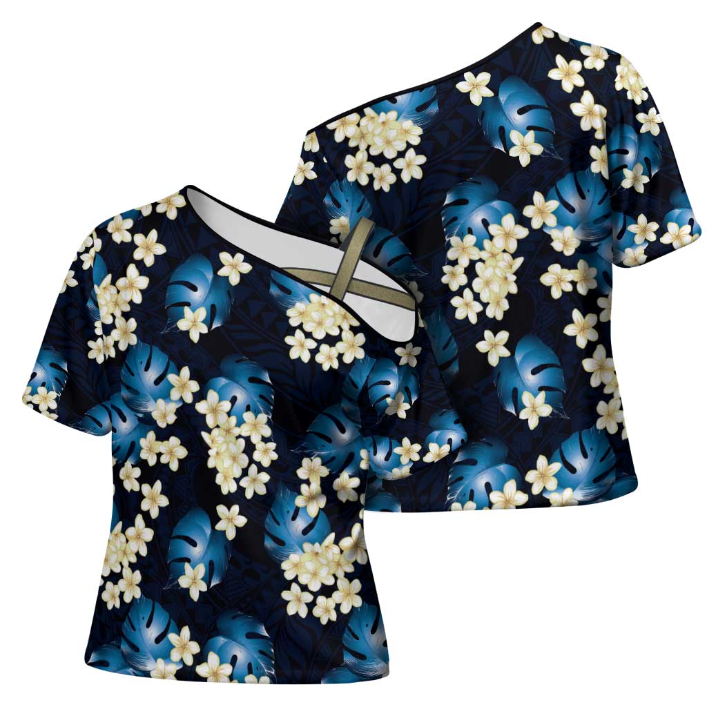 Blue Tropical Hawaii Cross Shoulder Shirt Seamless Monstera Plumeria Hawaiian Pattern - Polynesian Pride