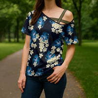 Blue Tropical Hawaii Cross Shoulder Shirt Seamless Monstera Plumeria Hawaiian Pattern - Polynesian Pride