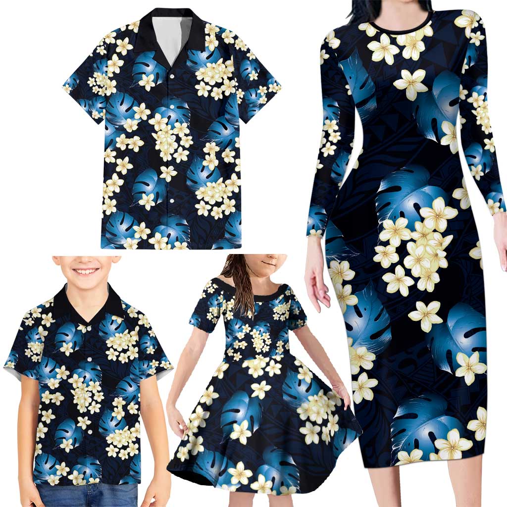 Blue Tropical Hawaii Family Matching Long Sleeve Bodycon Dress and Hawaiian Shirt Seamless Monstera Plumeria Hawaiian Pattern LT14 - Polynesian Pride