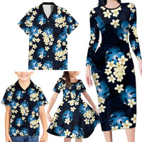 Blue Tropical Hawaii Family Matching Long Sleeve Bodycon Dress and Hawaiian Shirt Seamless Monstera Plumeria Hawaiian Pattern LT14 - Polynesian Pride