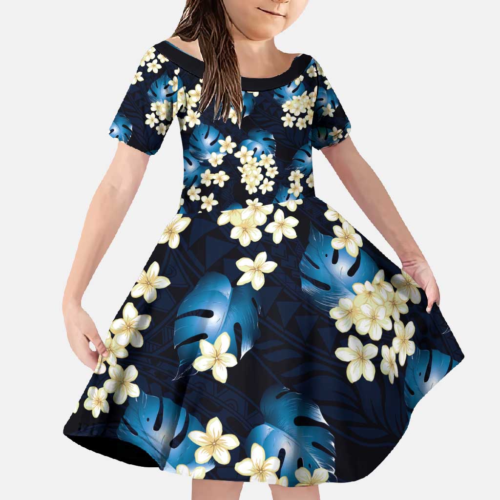 Blue Tropical Hawaii Family Matching Mermaid Dress and Hawaiian Shirt Seamless Monstera Plumeria Hawaiian Pattern LT14 Daughter's Dress Blue - Polynesian Pride