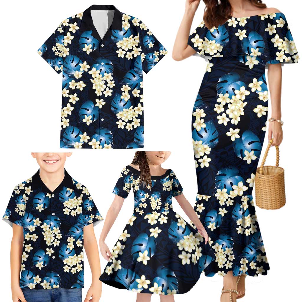 Blue Tropical Hawaii Family Matching Mermaid Dress and Hawaiian Shirt Seamless Monstera Plumeria Hawaiian Pattern LT14 - Polynesian Pride