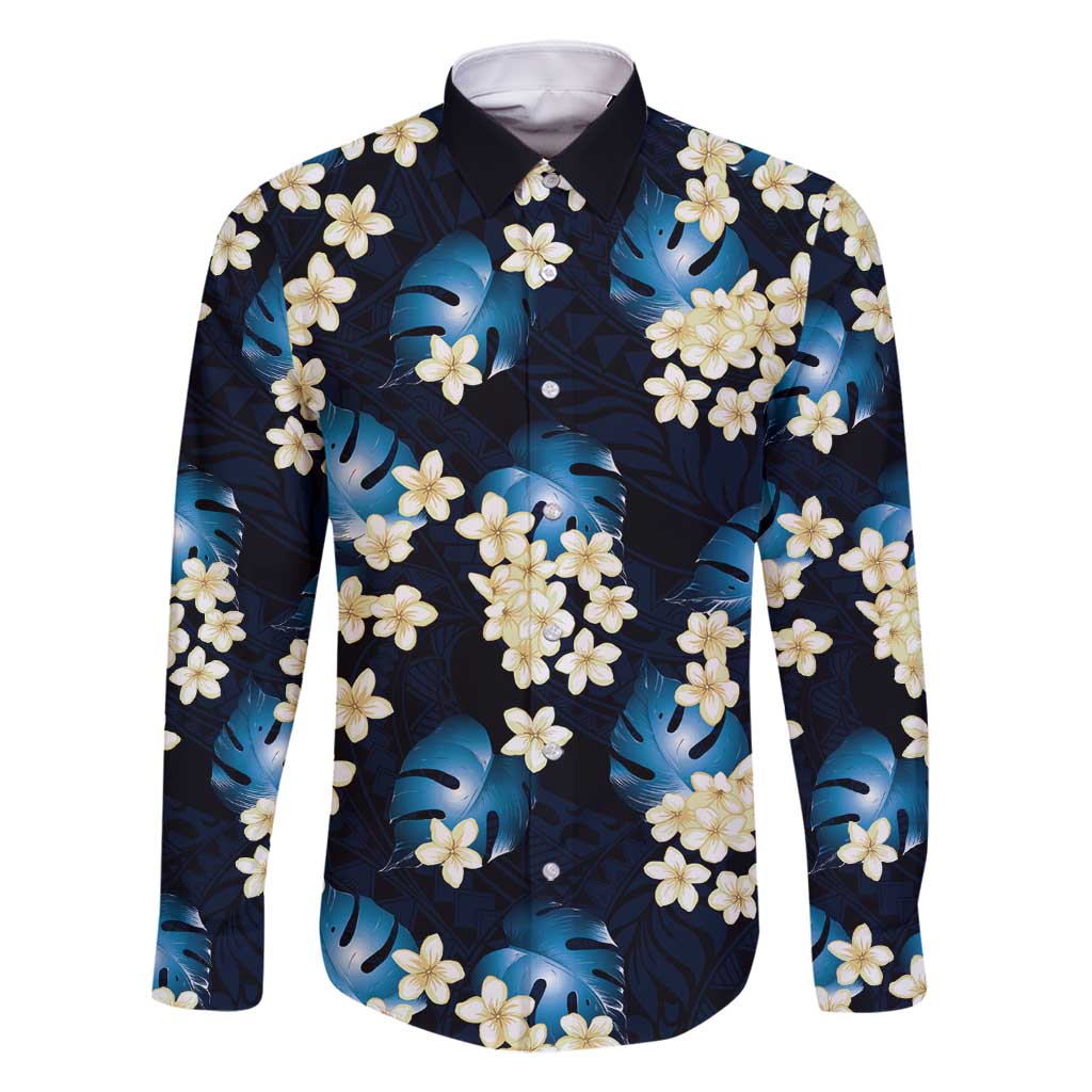 Blue Tropical Hawaii Family Matching Mermaid Dress and Hawaiian Shirt Seamless Monstera Plumeria Hawaiian Pattern LT14 Dad's Shirt - Long Sleeve Blue - Polynesian Pride