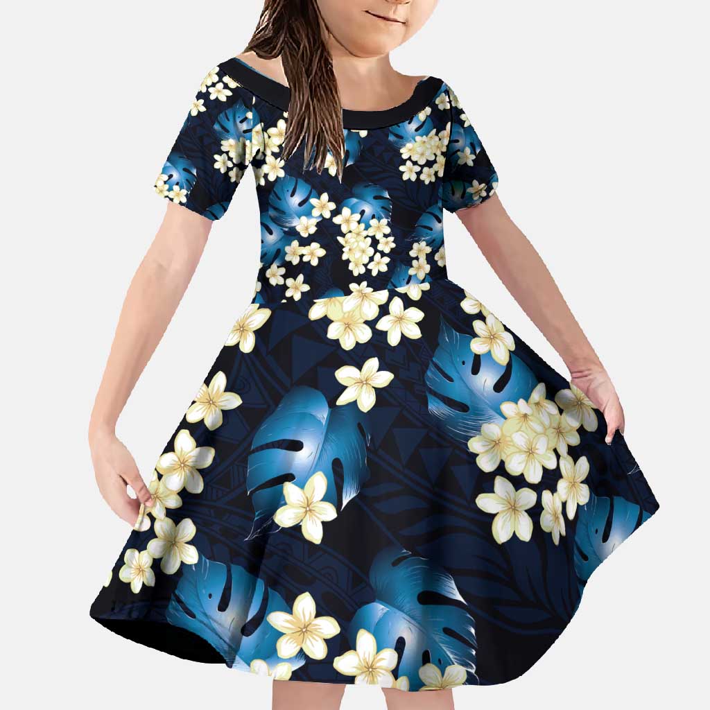 Blue Tropical Hawaii Family Matching Off Shoulder Maxi Dress and Hawaiian Shirt Seamless Monstera Plumeria Hawaiian Pattern LT14 Daughter's Dress Blue - Polynesian Pride
