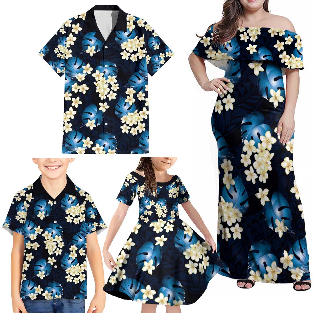 Blue Tropical Hawaii Family Matching Off Shoulder Maxi Dress and Hawaiian Shirt Seamless Monstera Plumeria Hawaiian Pattern LT14 - Polynesian Pride