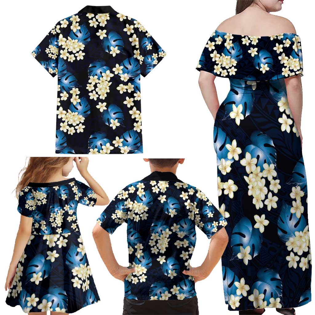 Blue Tropical Hawaii Family Matching Off Shoulder Maxi Dress and Hawaiian Shirt Seamless Monstera Plumeria Hawaiian Pattern LT14 - Polynesian Pride