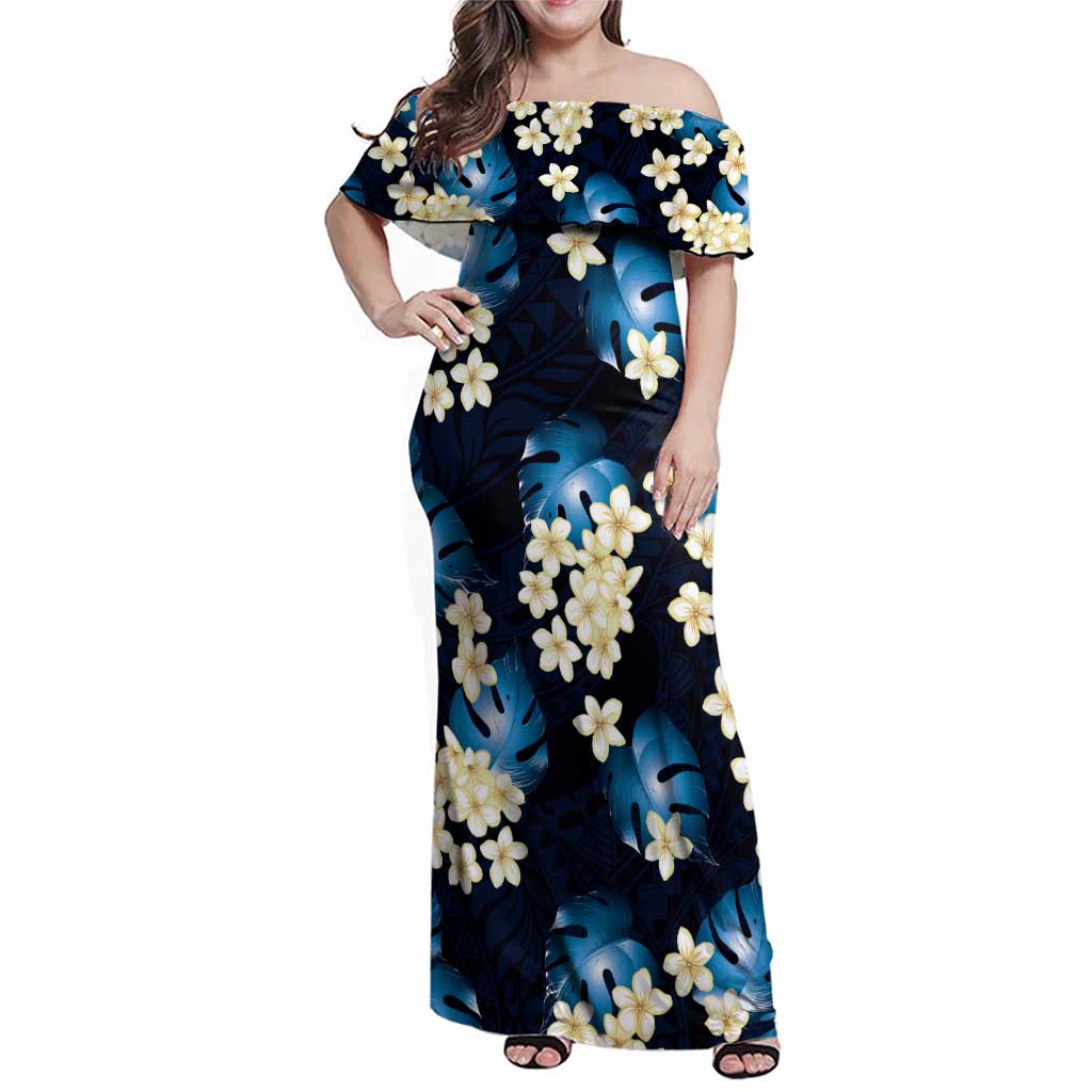 Blue Tropical Hawaii Family Matching Off Shoulder Maxi Dress and Hawaiian Shirt Seamless Monstera Plumeria Hawaiian Pattern LT14 Mom's Dress Blue - Polynesian Pride