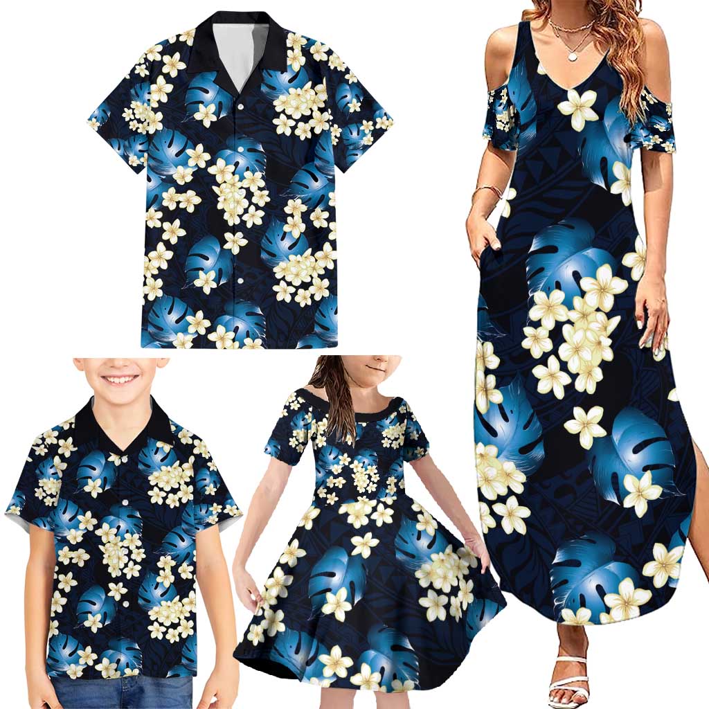 Blue Tropical Hawaii Family Matching Summer Maxi Dress and Hawaiian Shirt Seamless Monstera Plumeria Hawaiian Pattern LT14 - Polynesian Pride