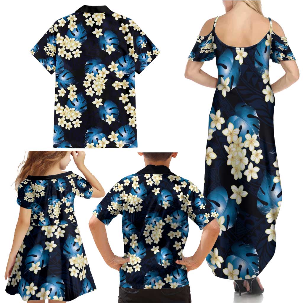 Blue Tropical Hawaii Family Matching Summer Maxi Dress and Hawaiian Shirt Seamless Monstera Plumeria Hawaiian Pattern LT14 - Polynesian Pride