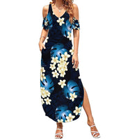 Blue Tropical Hawaii Family Matching Summer Maxi Dress and Hawaiian Shirt Seamless Monstera Plumeria Hawaiian Pattern LT14 Mom's Dress Blue - Polynesian Pride