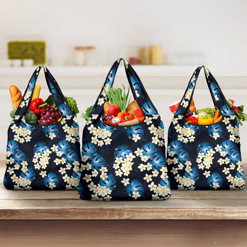 Blue Tropical Hawaii Grocery Bag Seamless Monstera Plumeria Hawaiian Pattern - Polynesian Pride
