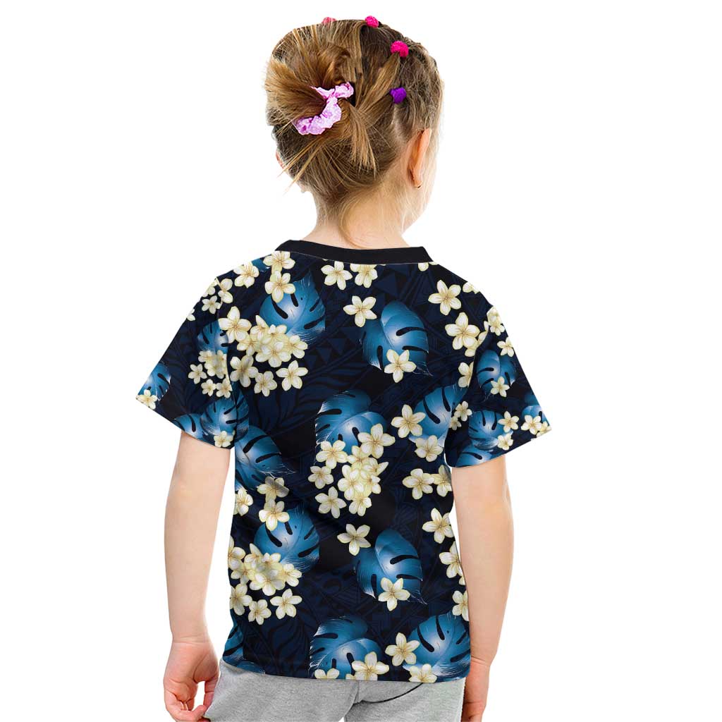 Blue Tropical Hawaii Kid T Shirt Seamless Monstera Plumeria Hawaiian Pattern - Polynesian Pride
