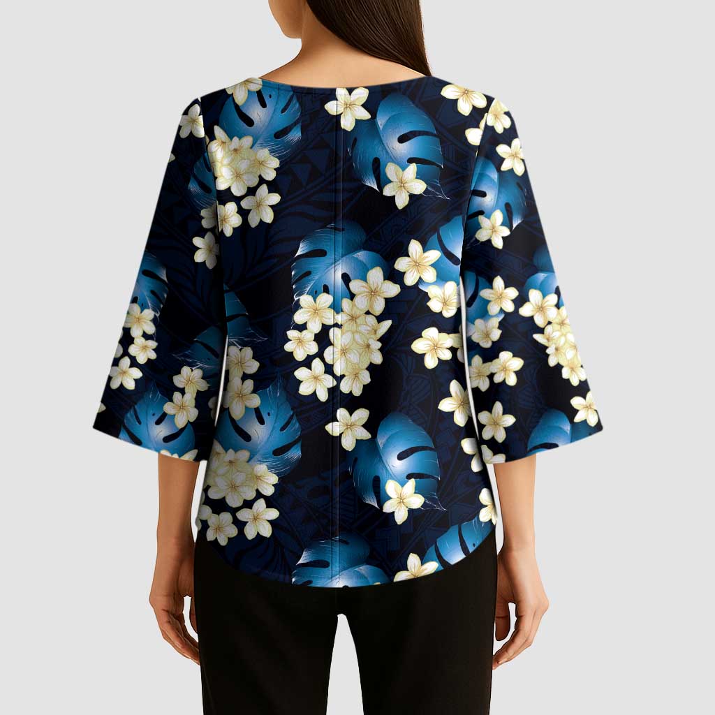 Blue Tropical Hawaii Kimono Sleeve Blouse Seamless Monstera Plumeria Hawaiian Pattern - Polynesian Pride
