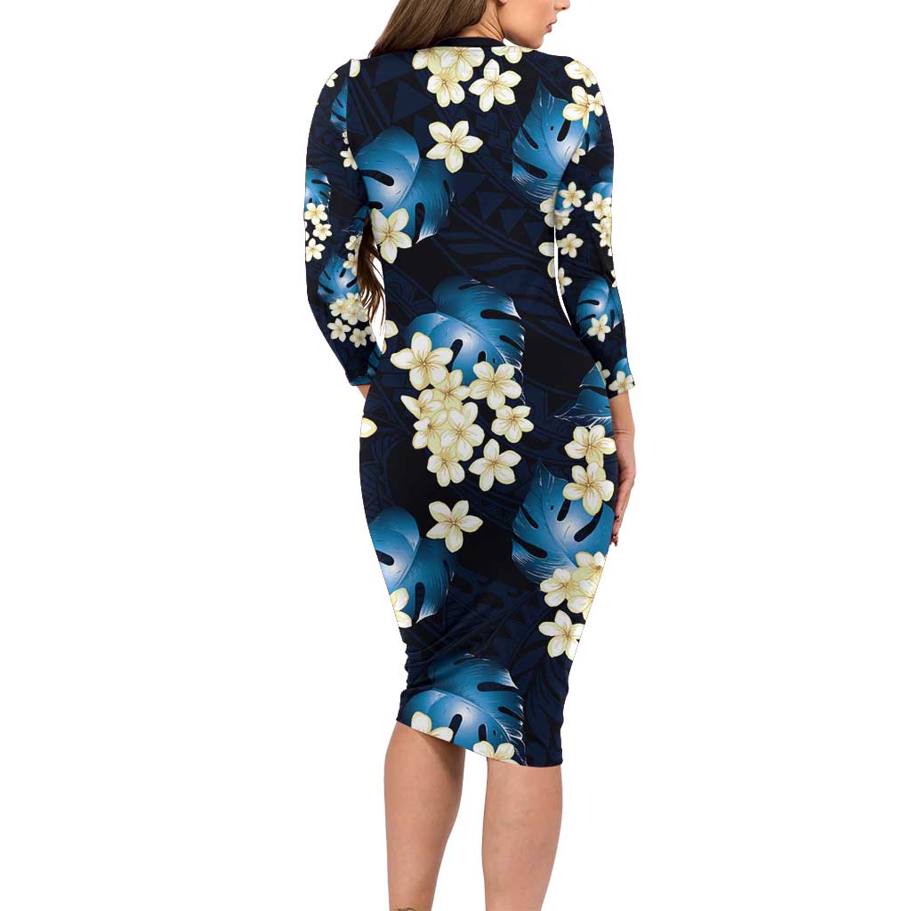 Blue Tropical Hawaii Long Sleeve Bodycon Dress Seamless Monstera Plumeria Hawaiian Pattern - Polynesian Pride