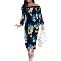 Blue Tropical Hawaii Off The Shoulder Long Sleeve Dress Seamless Monstera Plumeria Hawaiian Pattern - Polynesian Pride