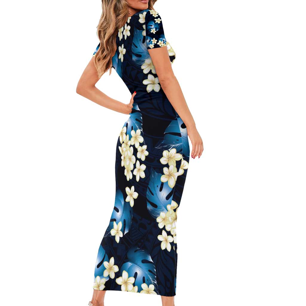 Blue Tropical Hawaii Short Sleeve Bodycon Dress Seamless Monstera Plumeria Hawaiian Pattern - Polynesian Pride