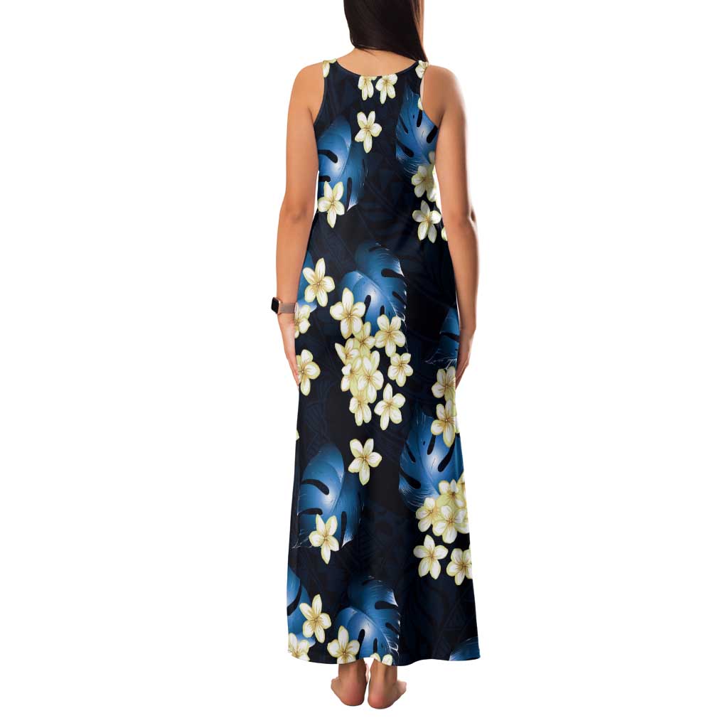 Blue Tropical Hawaii Tank Maxi Dress Seamless Monstera Plumeria Hawaiian Pattern - Polynesian Pride