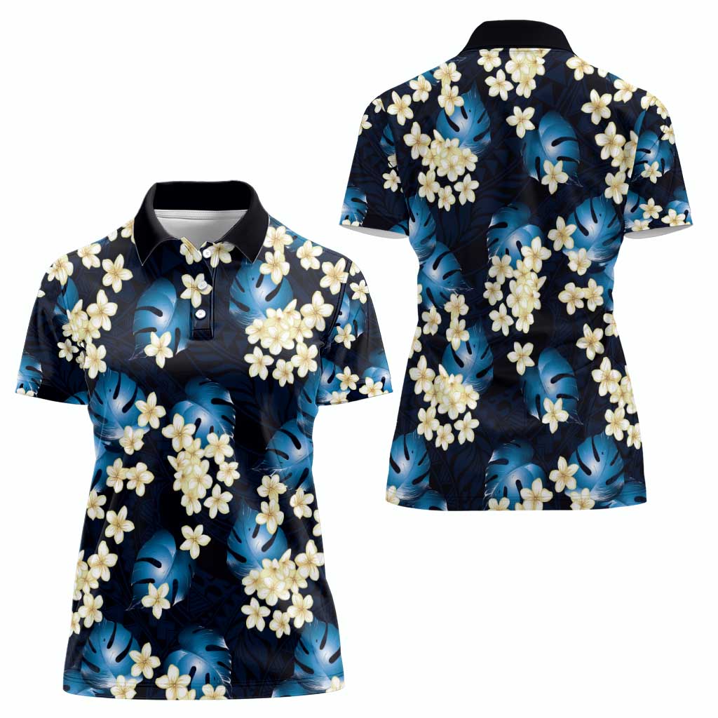 Blue Tropical Hawaii Women Polo Shirt Seamless Monstera Plumeria Hawaiian Pattern - Polynesian Pride
