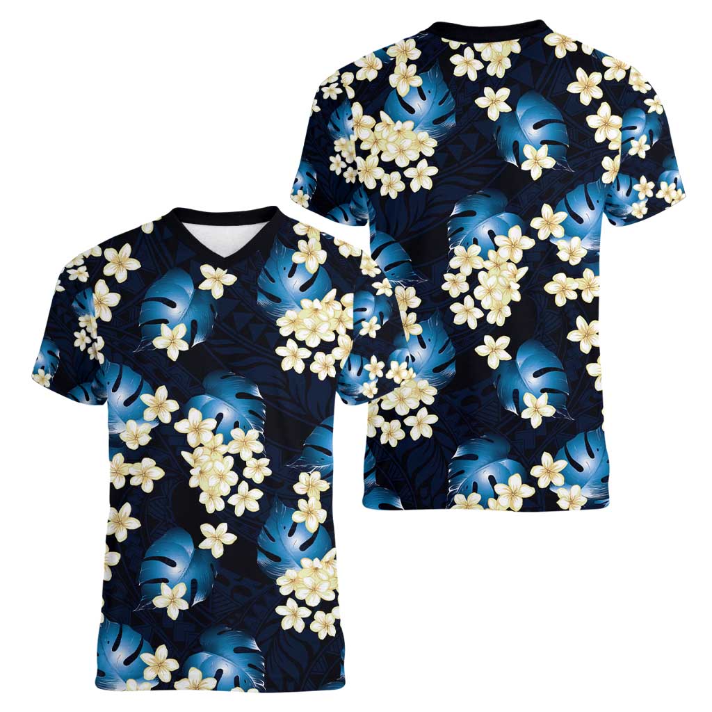 Blue Tropical Hawaii Women V-Neck T-Shirt Seamless Monstera Plumeria Hawaiian Pattern - Polynesian Pride