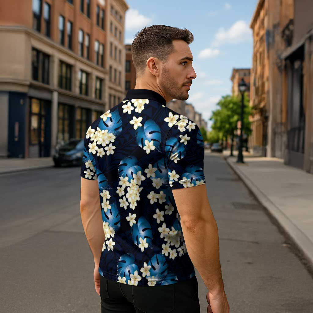 Blue Tropical Hawaii Zipper Polo Shirt Seamless Monstera Plumeria Hawaiian Pattern - Polynesian Pride