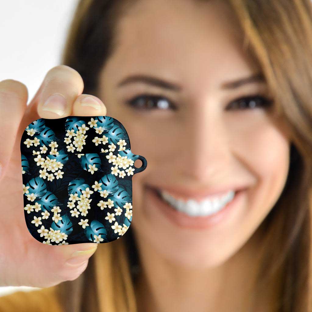 Dark Cyan Tropical Hawaii AirPods Case Seamless Monstera Plumeria Hawaiian Pattern - Polynesian Pride