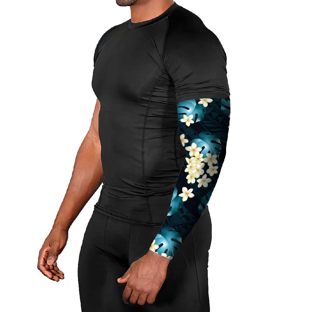 Dark Cyan Tropical Hawaii Arm Sleeves Seamless Monstera Plumeria Hawaiian Pattern - Polynesian Pride
