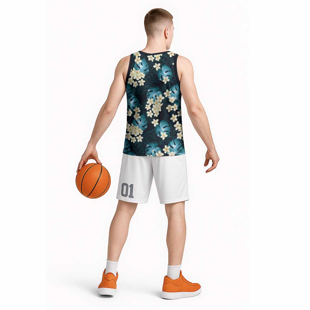 Dark Cyan Tropical Hawaii Basketball Jersey Seamless Monstera Plumeria Hawaiian Pattern - Polynesian Pride