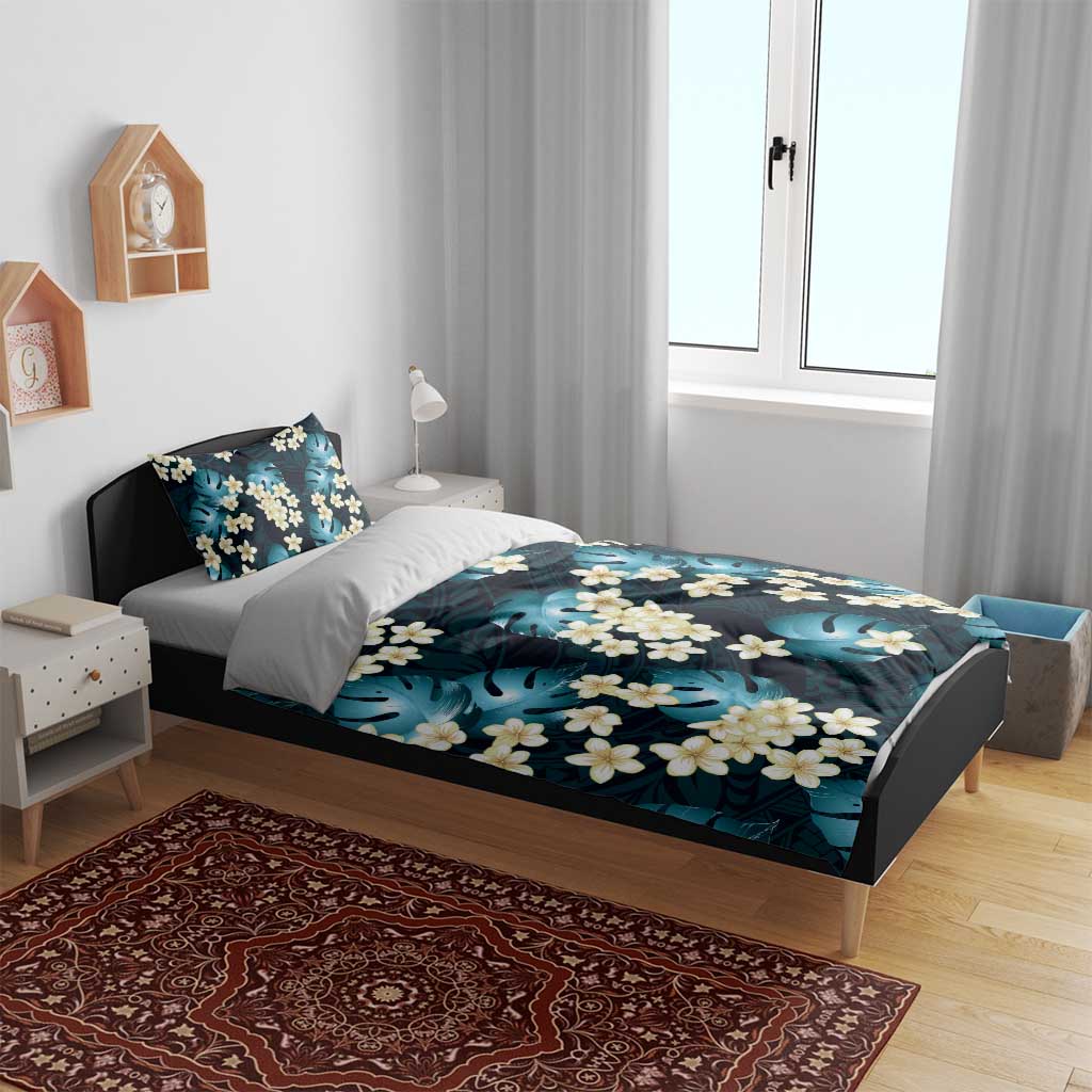 Dark Cyan Tropical Hawaii Bedding Set Seamless Monstera Plumeria Hawaiian Pattern - Polynesian Pride