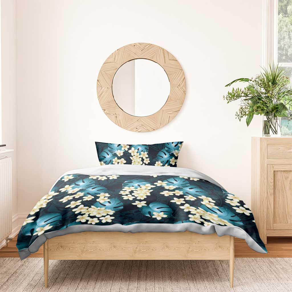 Dark Cyan Tropical Hawaii Bedding Set Seamless Monstera Plumeria Hawaiian Pattern - Polynesian Pride