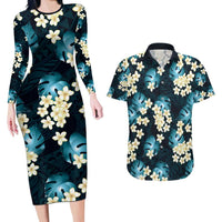 Dark Cyan Tropical Hawaii Couples Matching Long Sleeve Bodycon Dress and Hawaiian Shirt Seamless Monstera Plumeria Hawaiian Pattern LT14 Dark Cyan - Polynesian Pride
