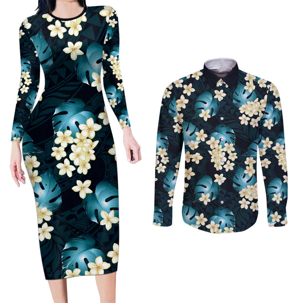 Dark Cyan Tropical Hawaii Couples Matching Long Sleeve Bodycon Dress and Long Sleeve Button Shirt Seamless Monstera Plumeria Hawaiian Pattern LT14 Dark Cyan - Polynesian Pride
