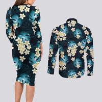 Dark Cyan Tropical Hawaii Couples Matching Long Sleeve Bodycon Dress and Long Sleeve Button Shirt Seamless Monstera Plumeria Hawaiian Pattern LT14 - Polynesian Pride