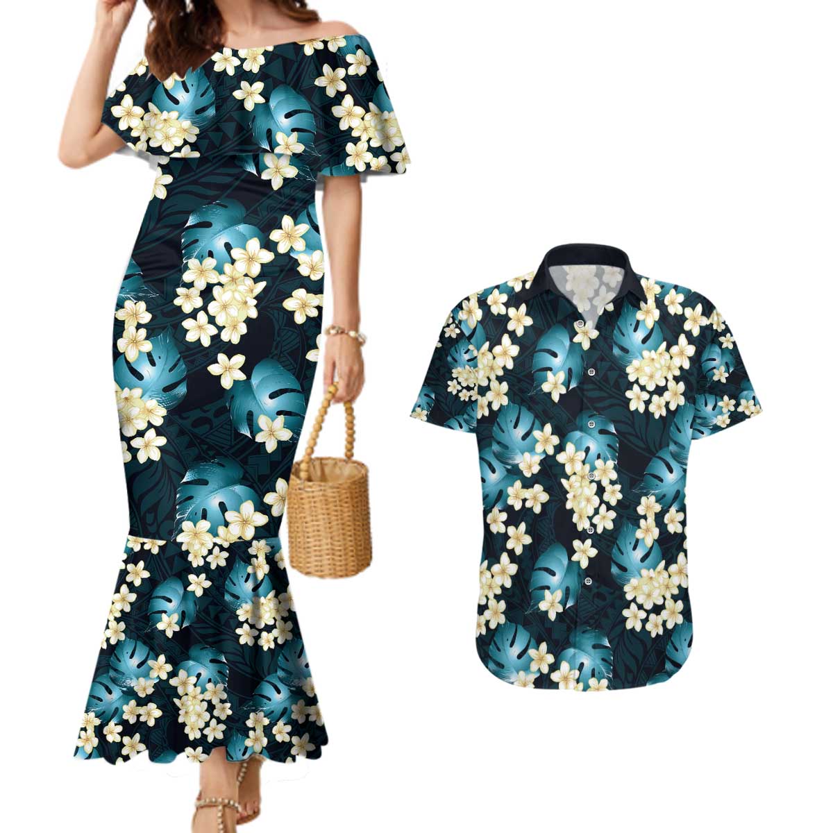 Dark Cyan Tropical Hawaii Couples Matching Mermaid Dress and Hawaiian Shirt Seamless Monstera Plumeria Hawaiian Pattern LT14 Dark Cyan - Polynesian Pride