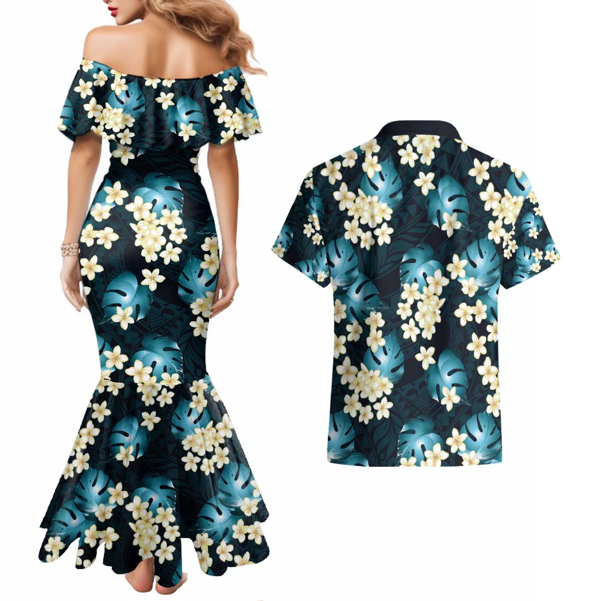 Dark Cyan Tropical Hawaii Couples Matching Mermaid Dress and Hawaiian Shirt Seamless Monstera Plumeria Hawaiian Pattern LT14 - Polynesian Pride