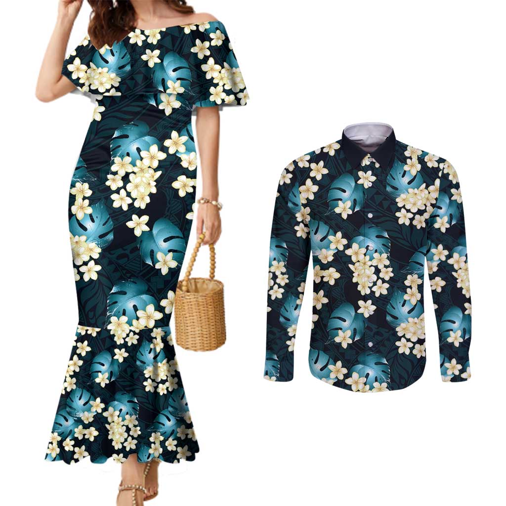 Dark Cyan Tropical Hawaii Couples Matching Mermaid Dress and Long Sleeve Button Shirt Seamless Monstera Plumeria Hawaiian Pattern LT14 Dark Cyan - Polynesian Pride